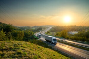 trucks driving on winding highway